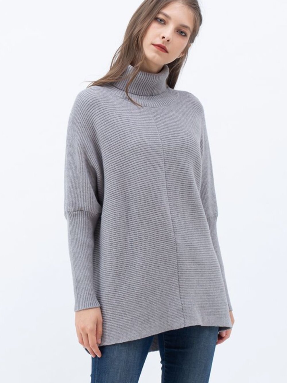 Effortless Chic Turtleneck Batwing Sleeve Hi-Lo Sweater in Grey - XL
